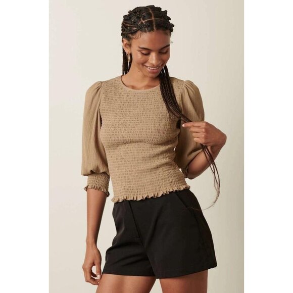 Beige Smocked Blouse with Puff Sleeves - Picture 2 of 5